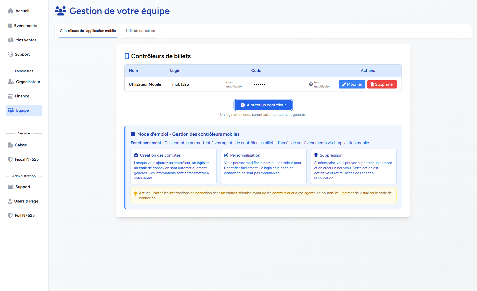 Interface billetterie Billettera - Capture écran 10 gestion événements