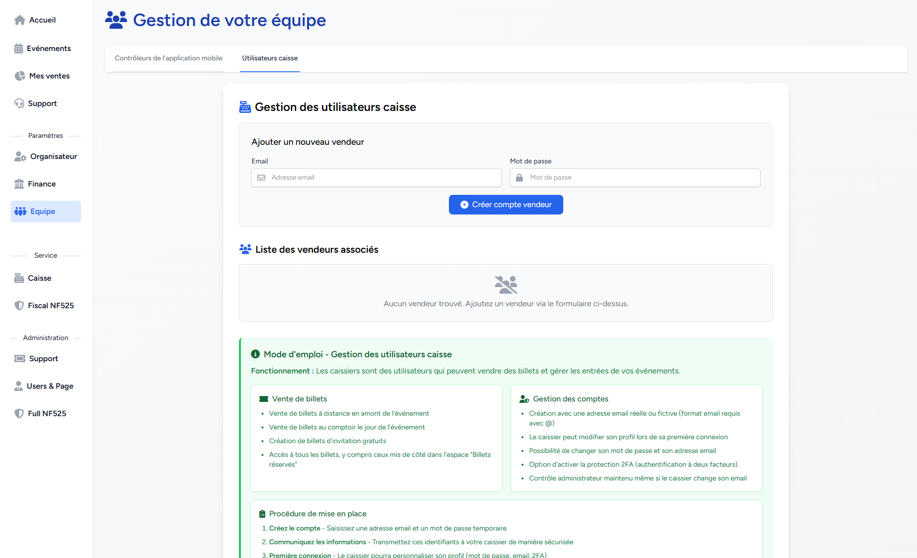 Interface billetterie Billettera - Capture écran 6 gestion événements