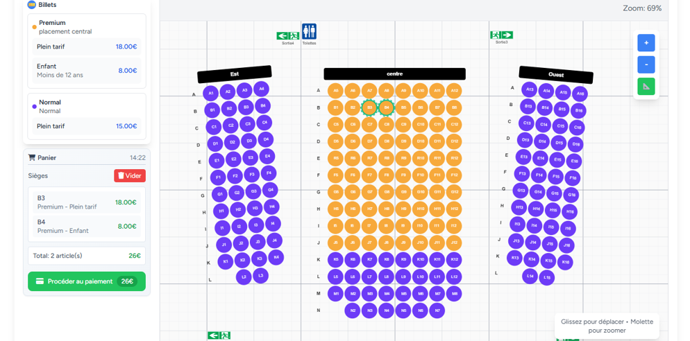 Plan de salle billetterie - Placement libre et numéroté pour événements sportifs